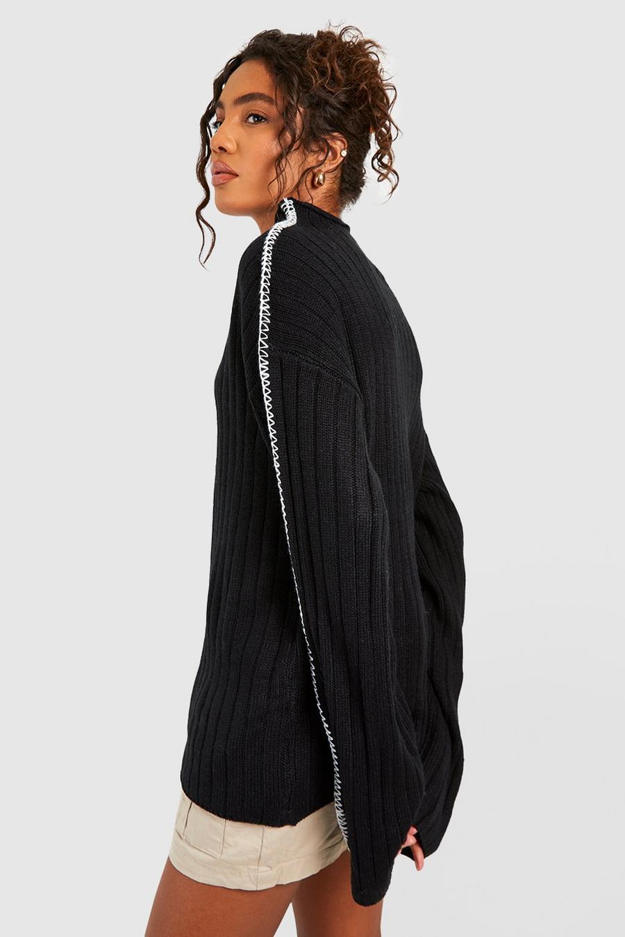 czarny sweter oversize prążki półgolf kontrast