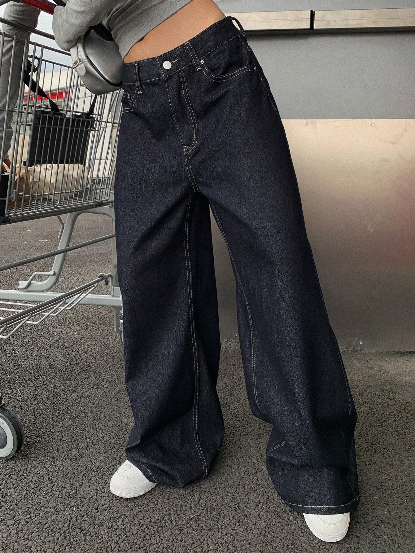 GRANATOWE SPODNIE JEANS PROSTA NOGAWKA 