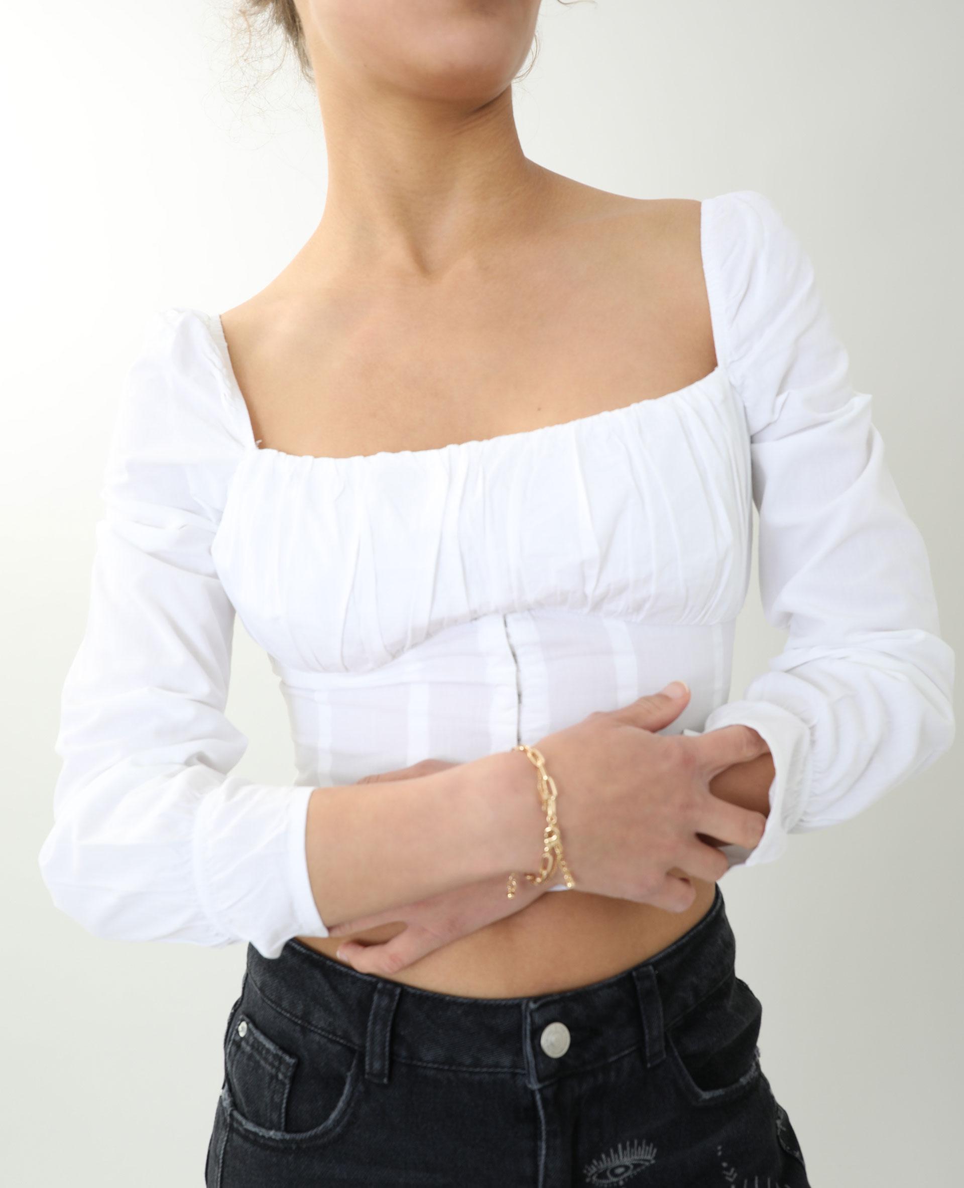 crop top długi rękaw marszczenia haftki
