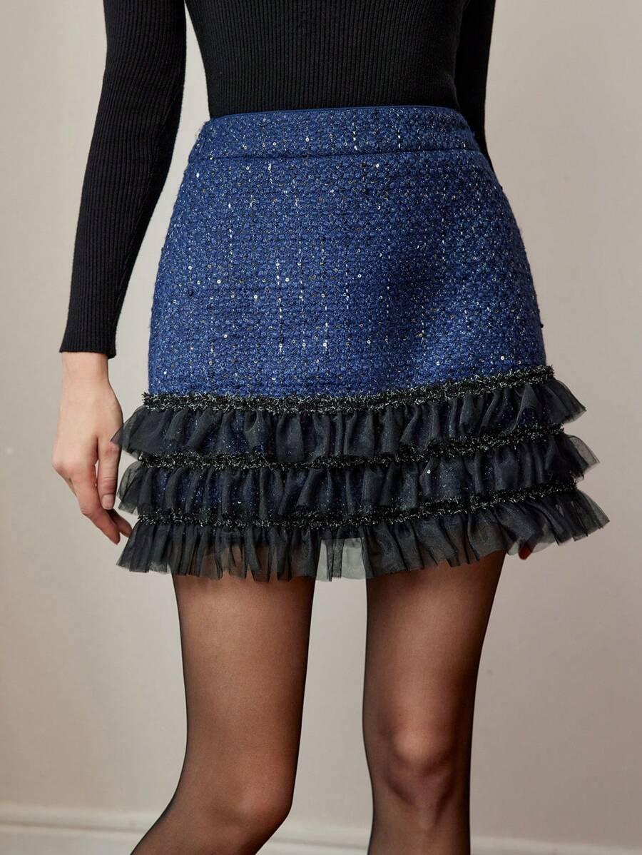 GRANATOWA MINI SPÓDNICA tweed tiul połysk