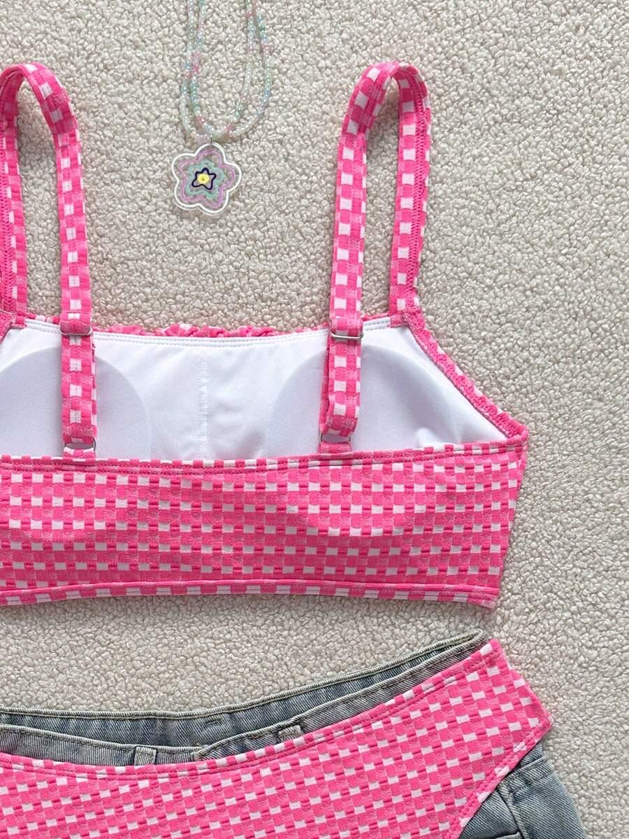 neonowy różowy komplet bikini kratka