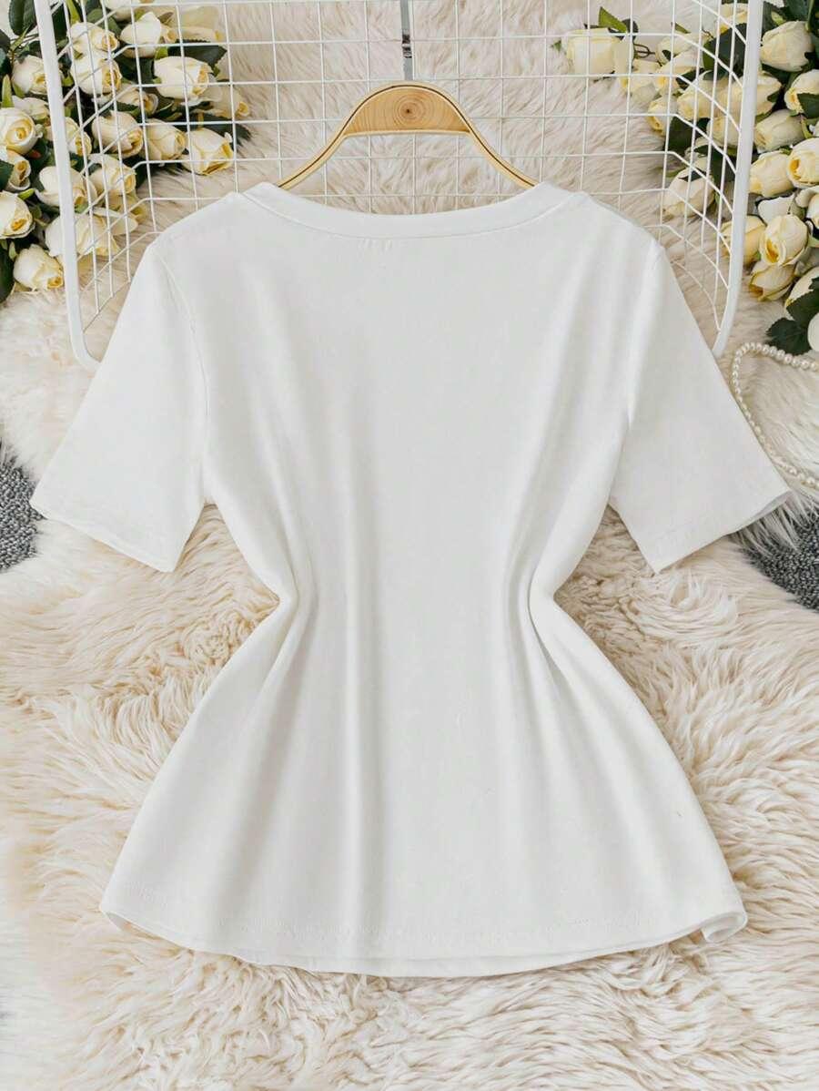 biały t-shirt v-neck zdobienie 