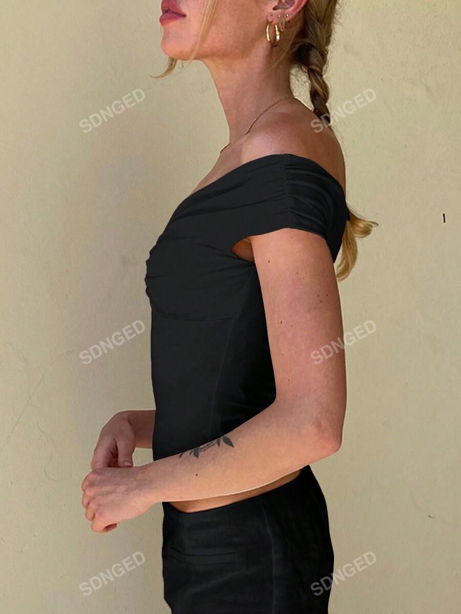 KLASYCZNY CZARNY TOP V-NECK MARSZCZENIE