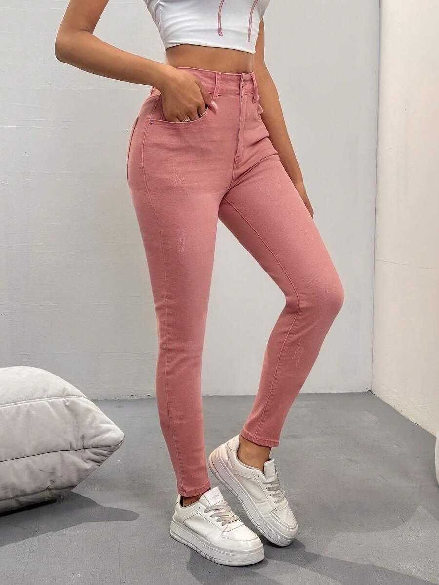 różowe spodnie jeans rurki