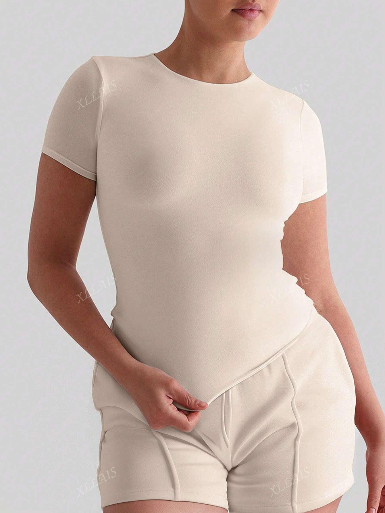 BEŻOWY T-SHIRT OKRĄGŁY DEKOLT