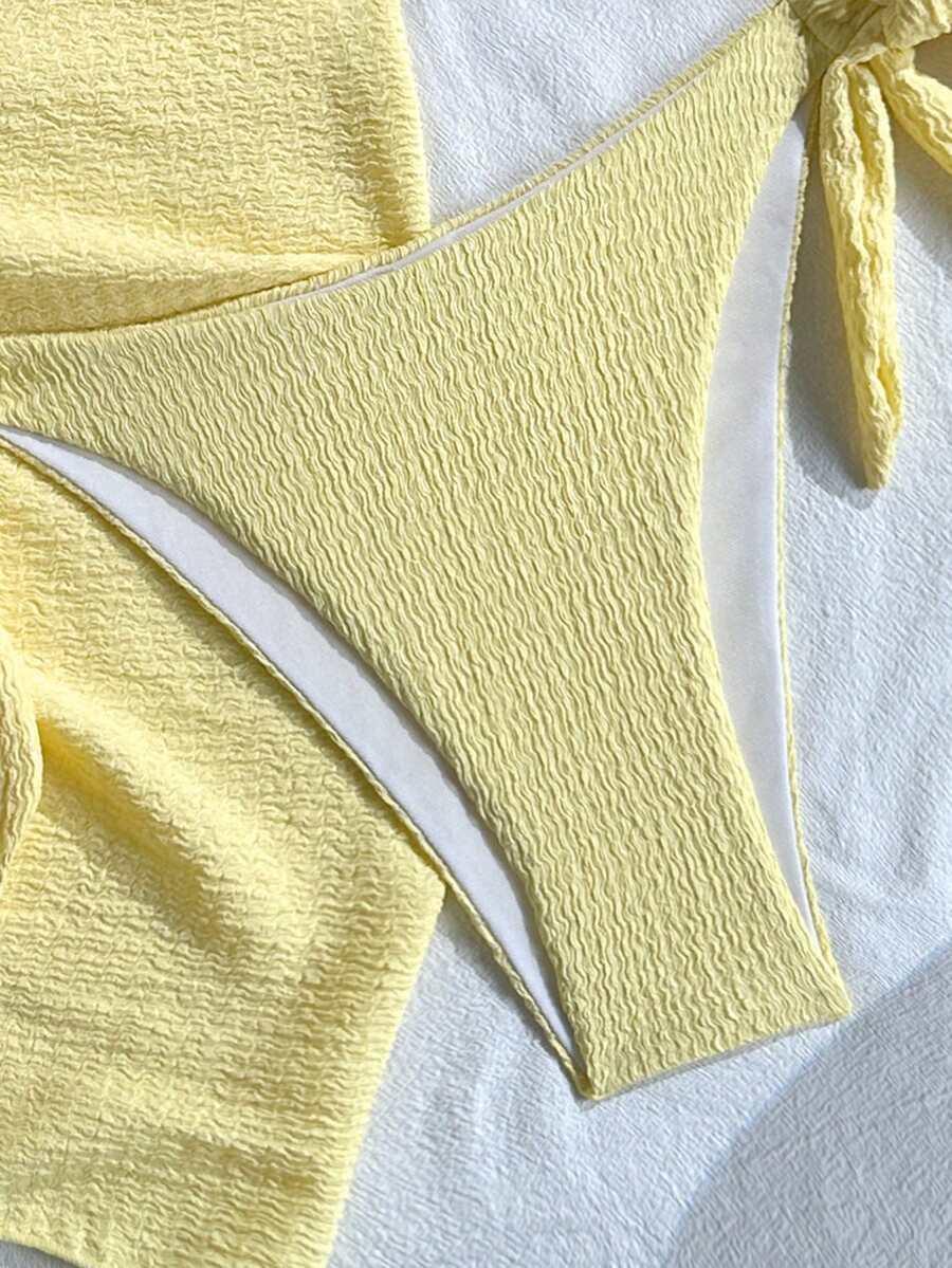 żółty trzyczęściowy komplet bikini wiązanie
