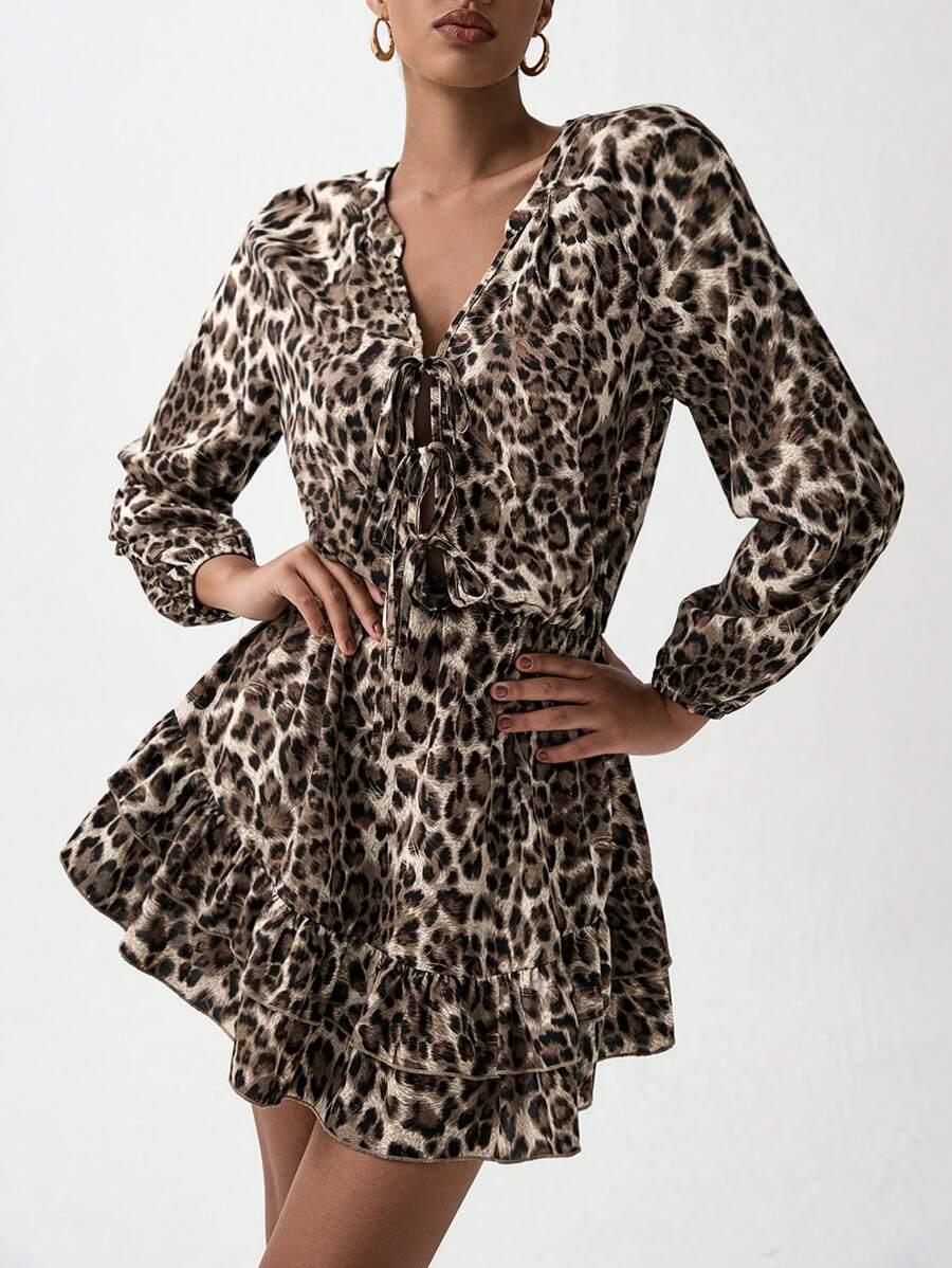 mini sukienka długi rękaw animal print wiązanie 