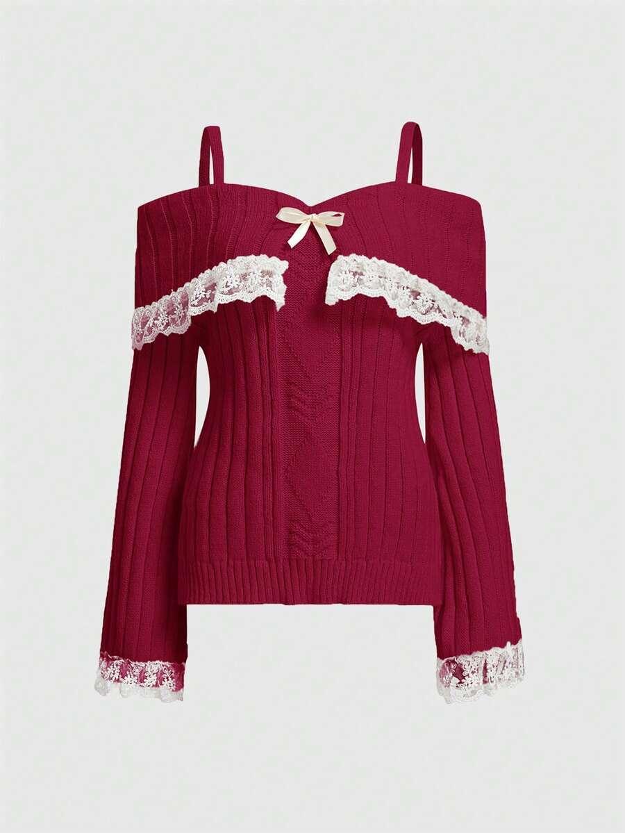 czerwony sweter koronka