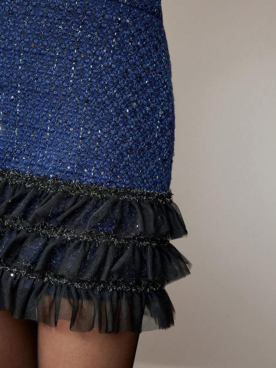 GRANATOWA MINI SPÓDNICA tweed tiul połysk