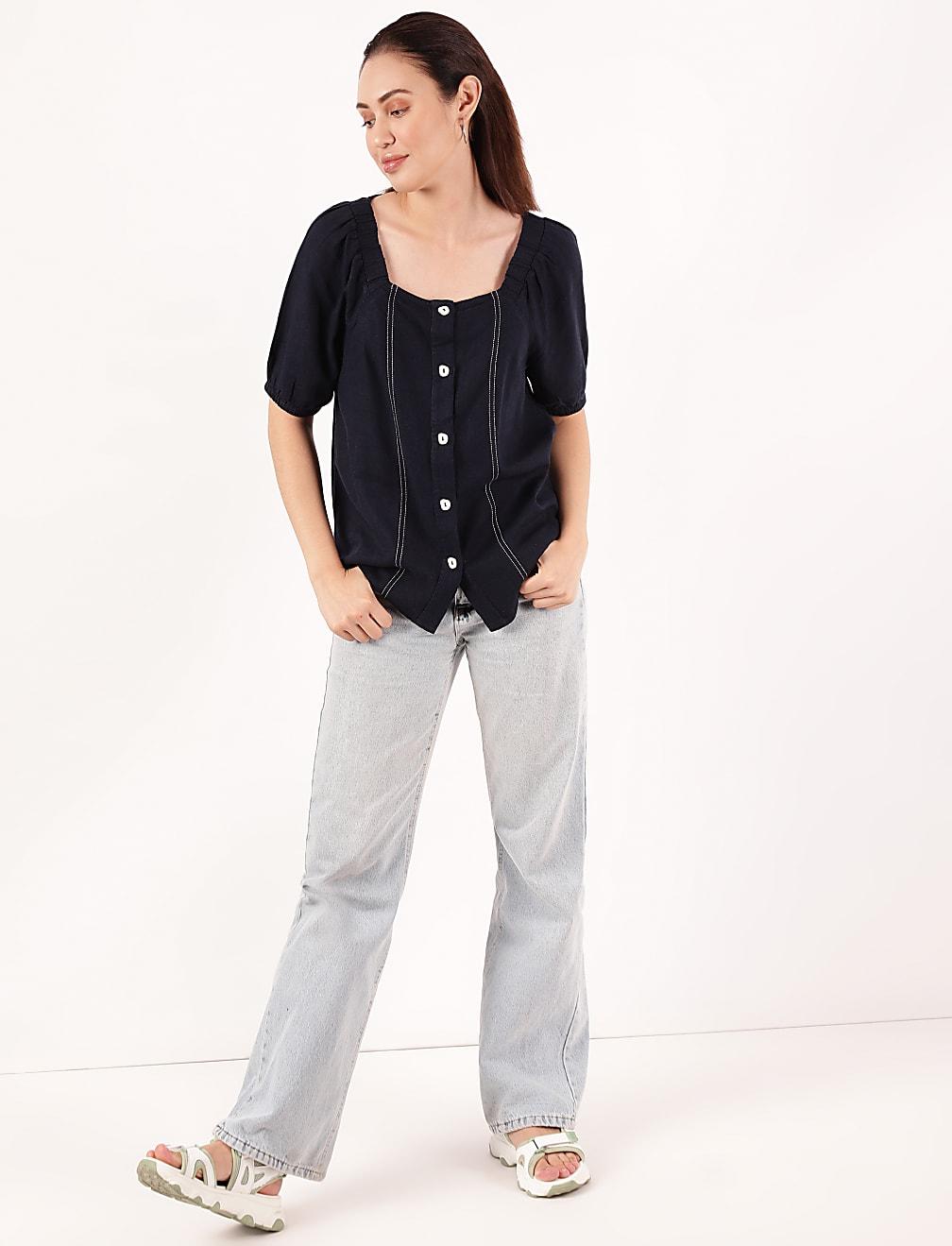 CZARNA LNIANA BLUZKA T52-2100K-F0