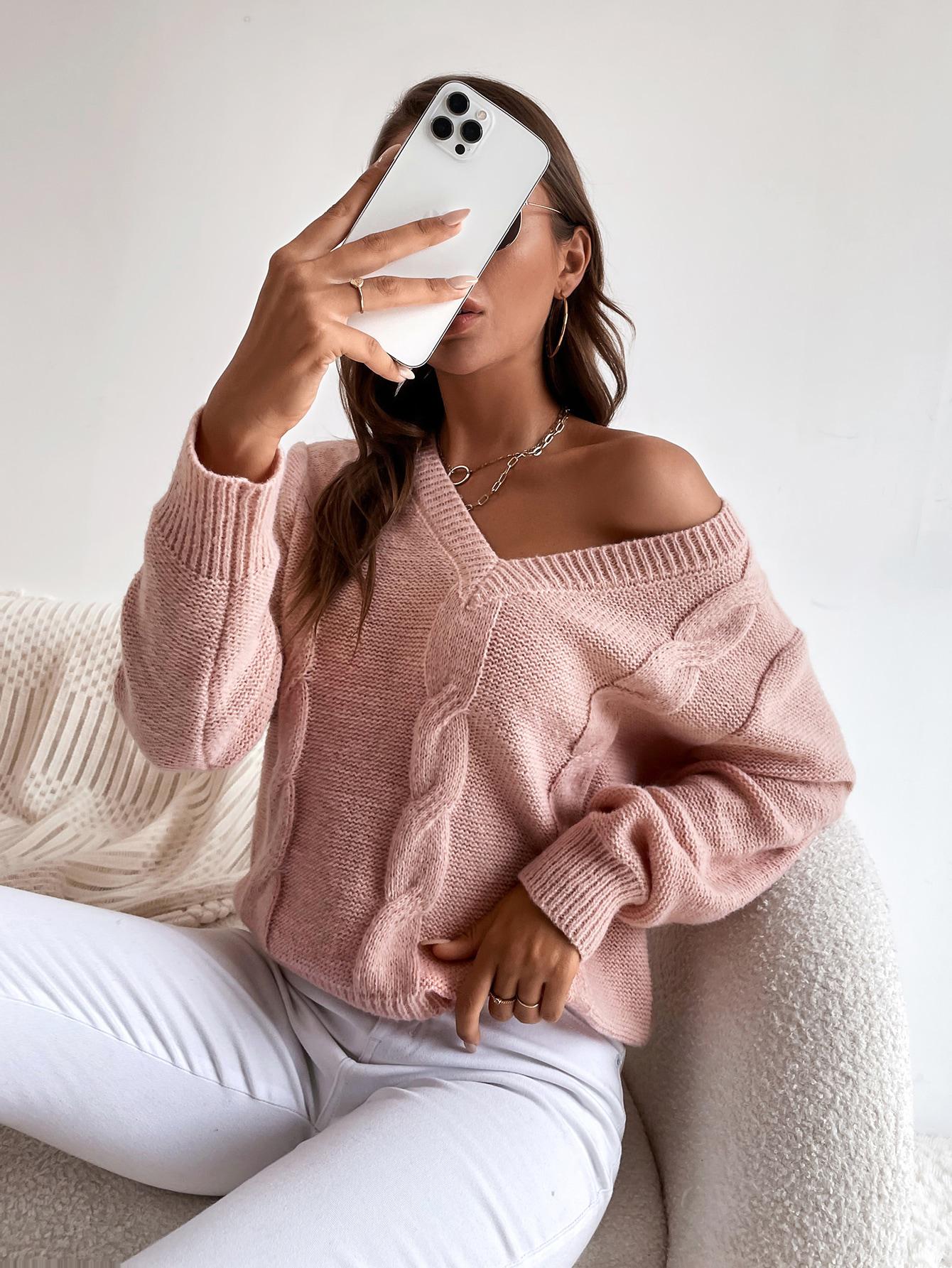 RÓŻOWY SWETER V NECK 