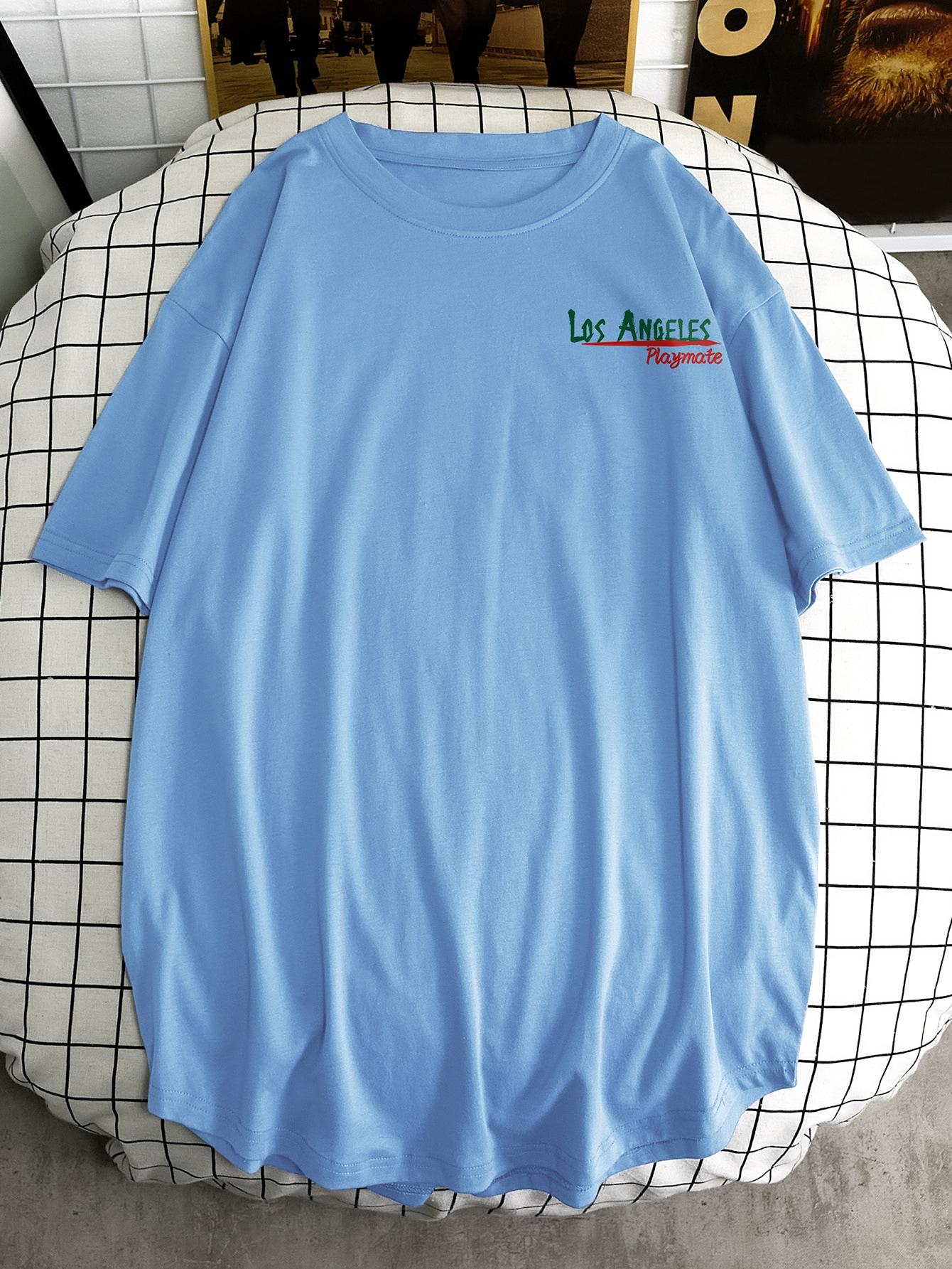 NIEBIESKI T-SHIRT NADRUK