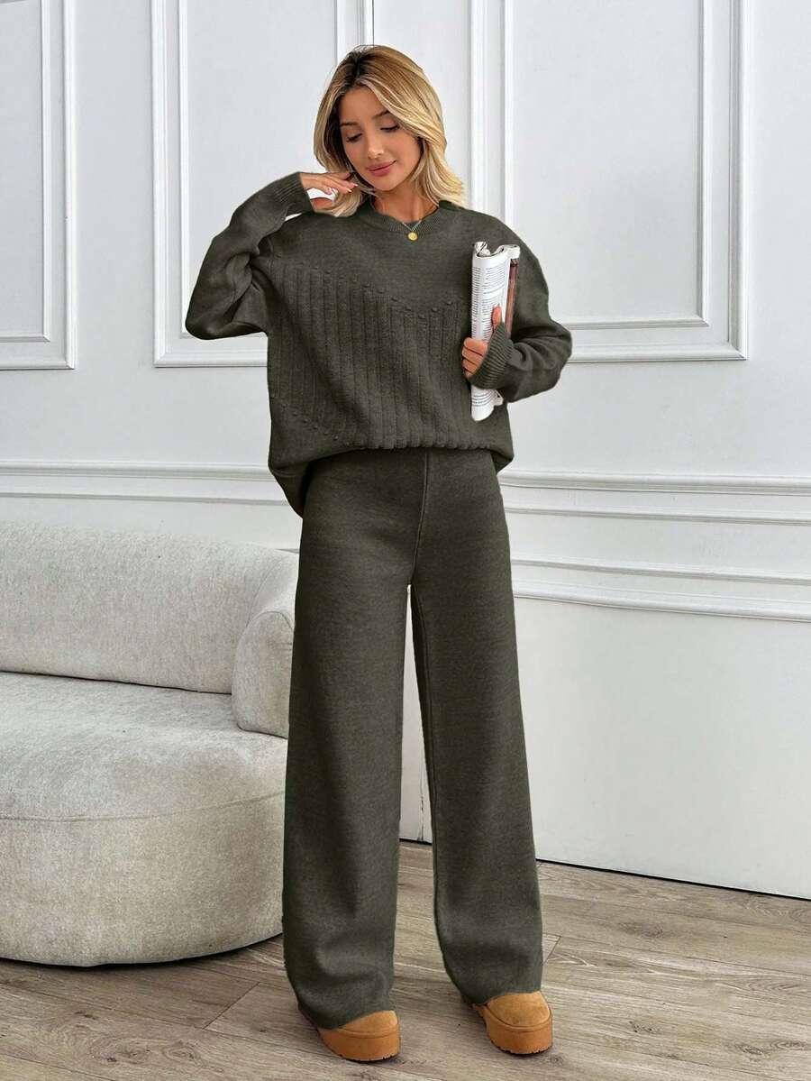 DZIANINOWY KOMPLET SWETER SPODNIE