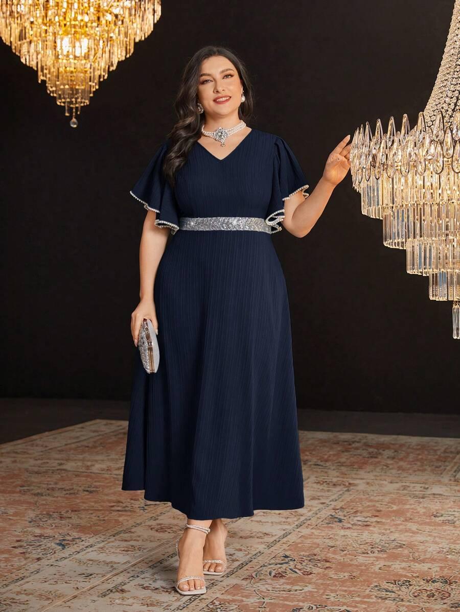 GRANATOWA SUKIENKA V NECK ZDOBIENIE 