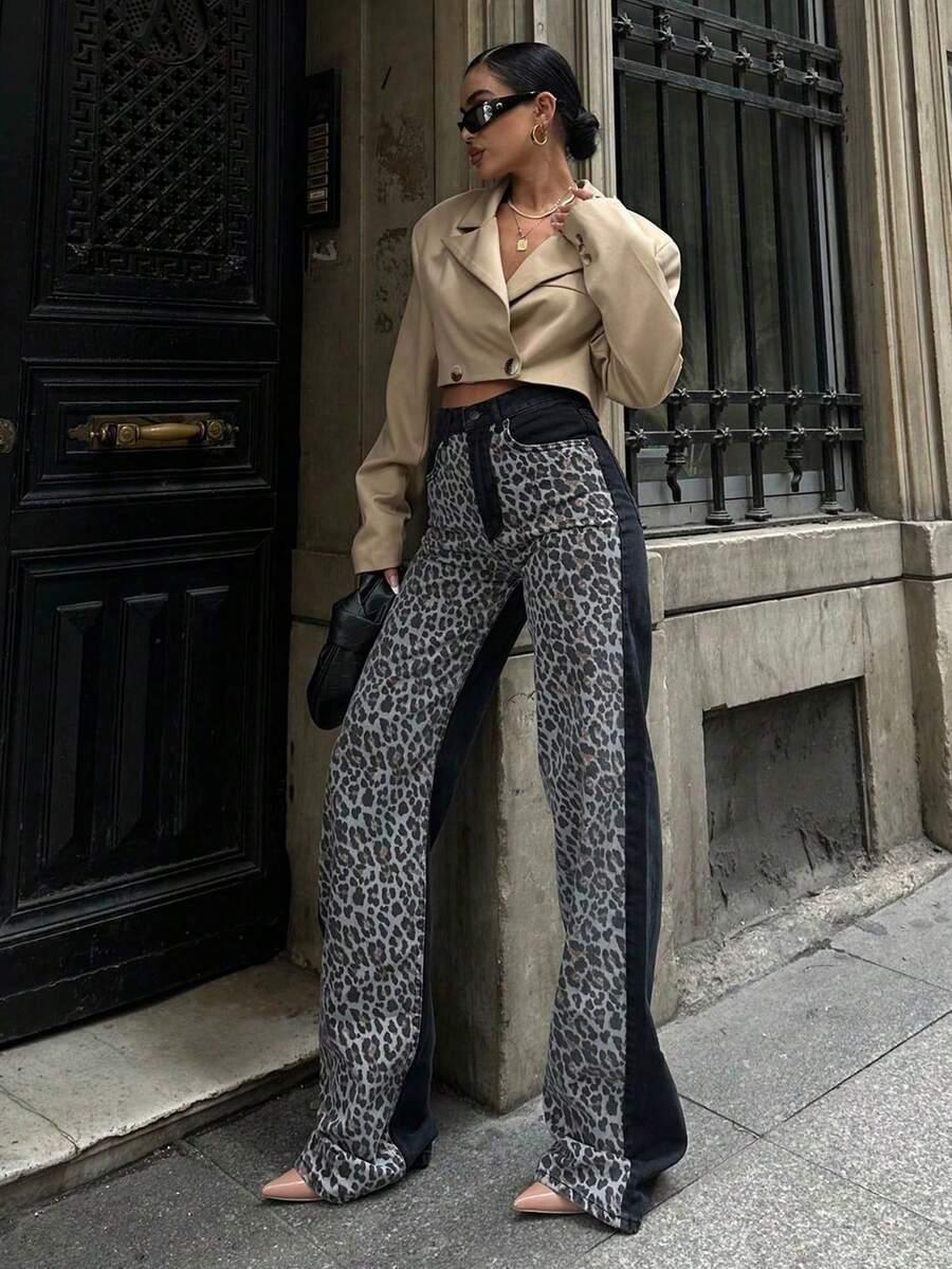 CZARNE SPODNIE JEANS ANIMAL PRINT