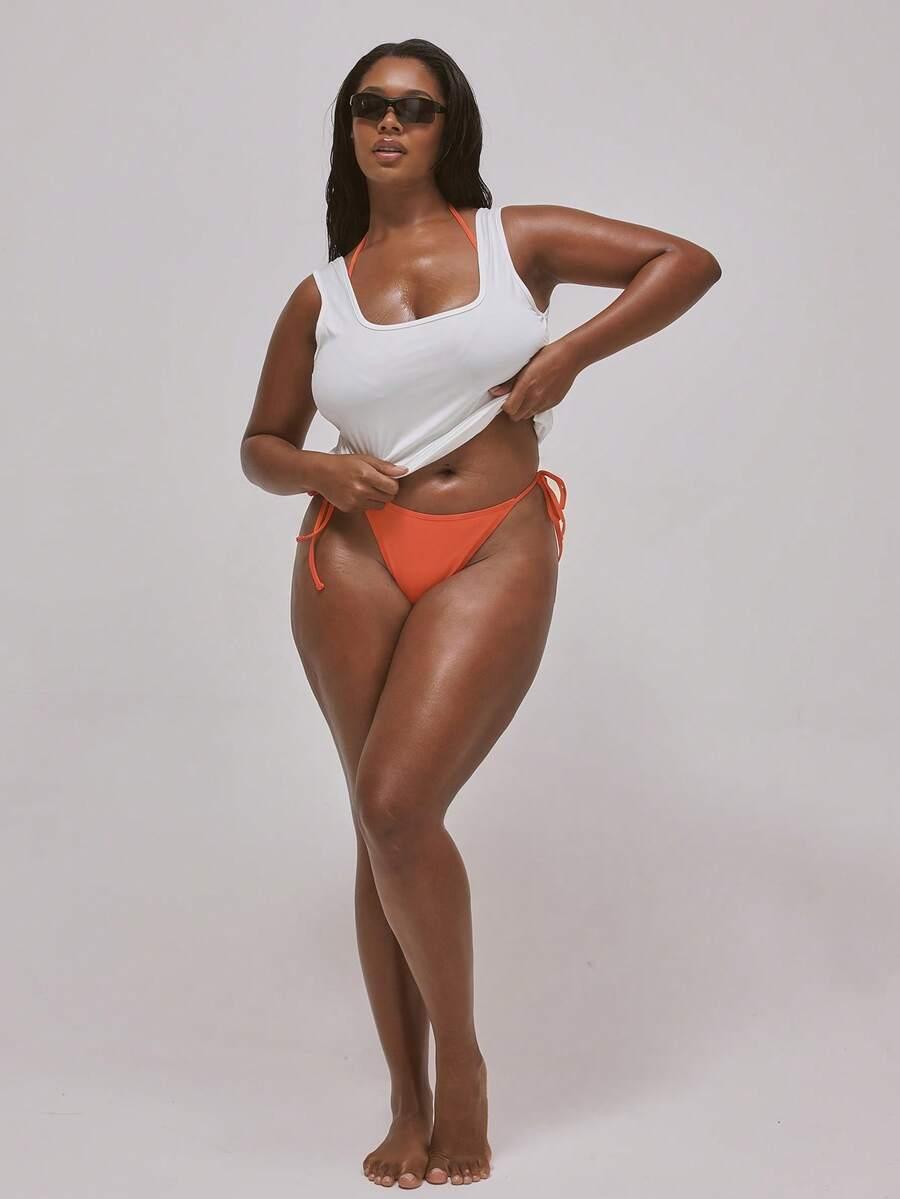 pomarańczowy wiązany dół bikini stringi