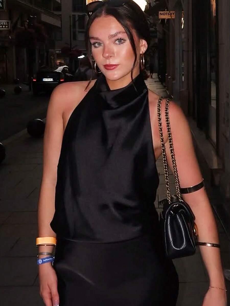 CZARNY SATYNOWY TOP