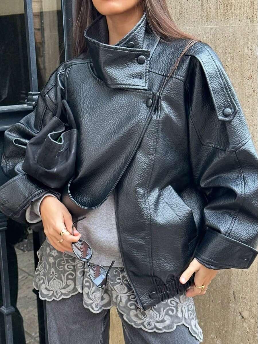 CZARNA KURTKA OVERSIZE IMITACJA SKÓRY