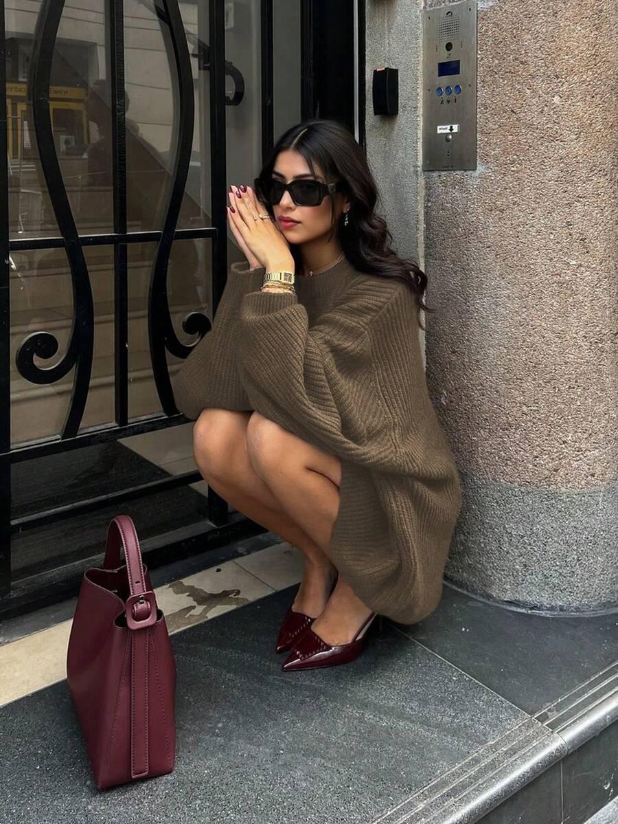 BRĄZOWY SWETER OKRĄGŁY DEKOLT 