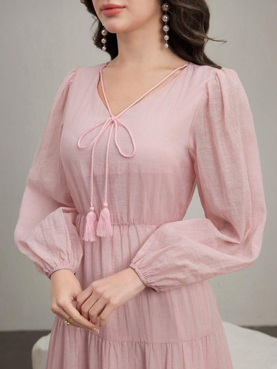 maxi sukienka długi rękaw v neck wiązanie 