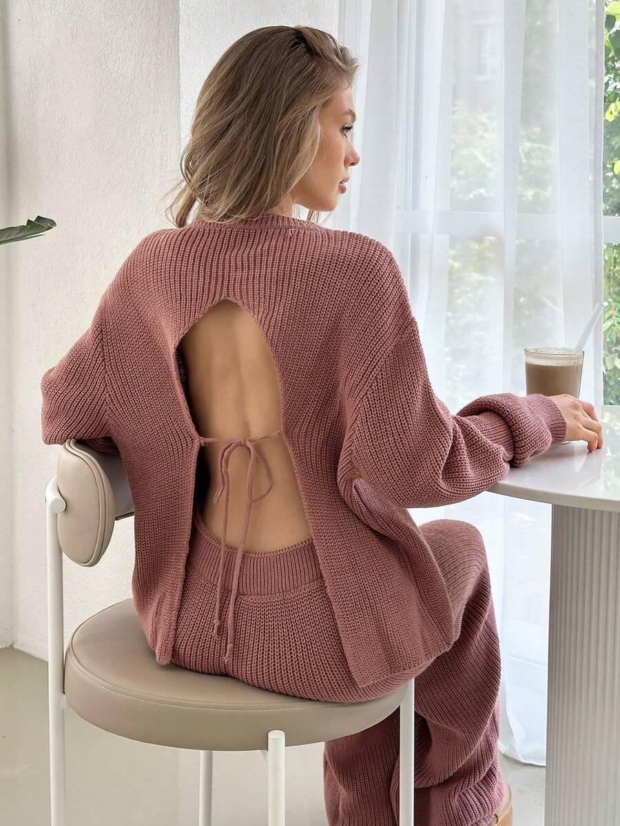 RÓŻOWY DZIANINOWY KOMPLET SWETER SPODNIE
