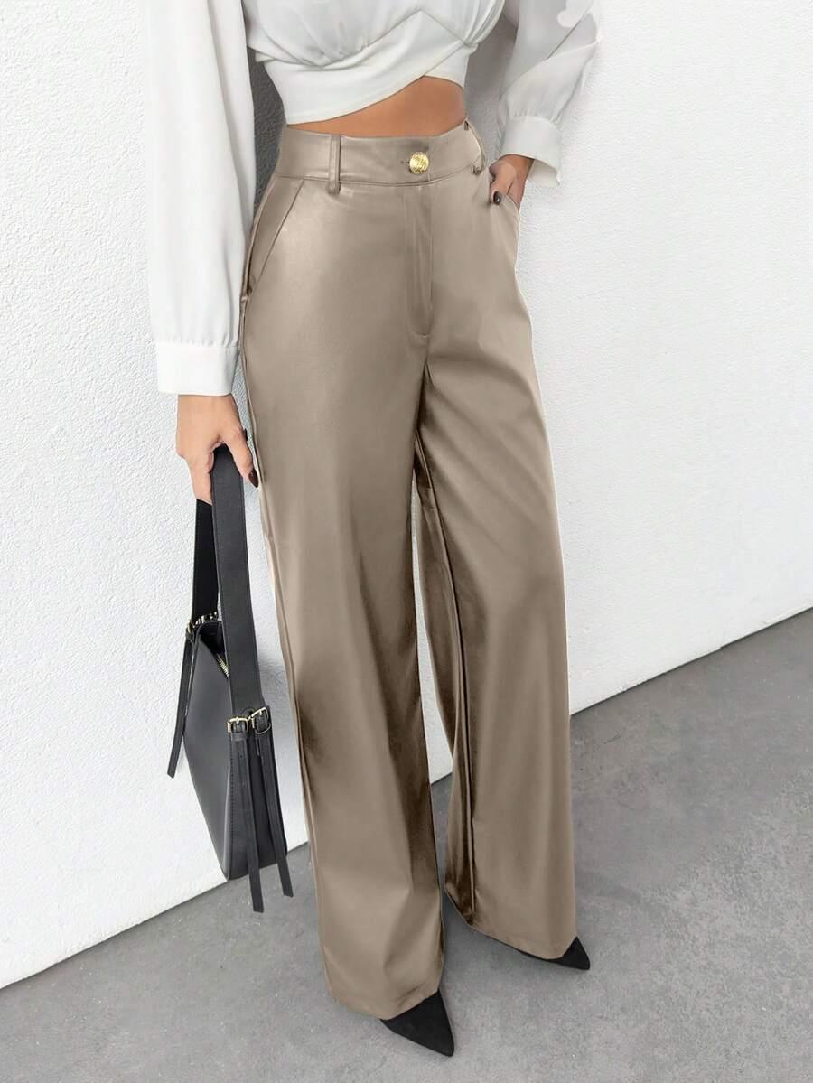 beżowe spodnie wysoki stan imitacja skóry