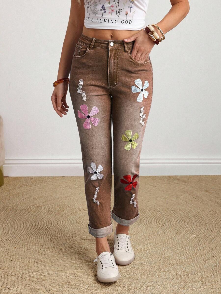 BRĄZOWE SPODNIE JEANS HAFT