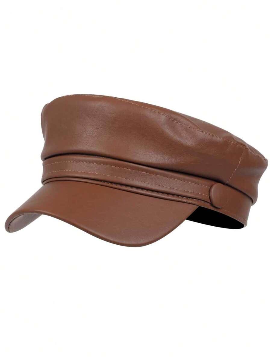 brązowy beret imitacja skóry 