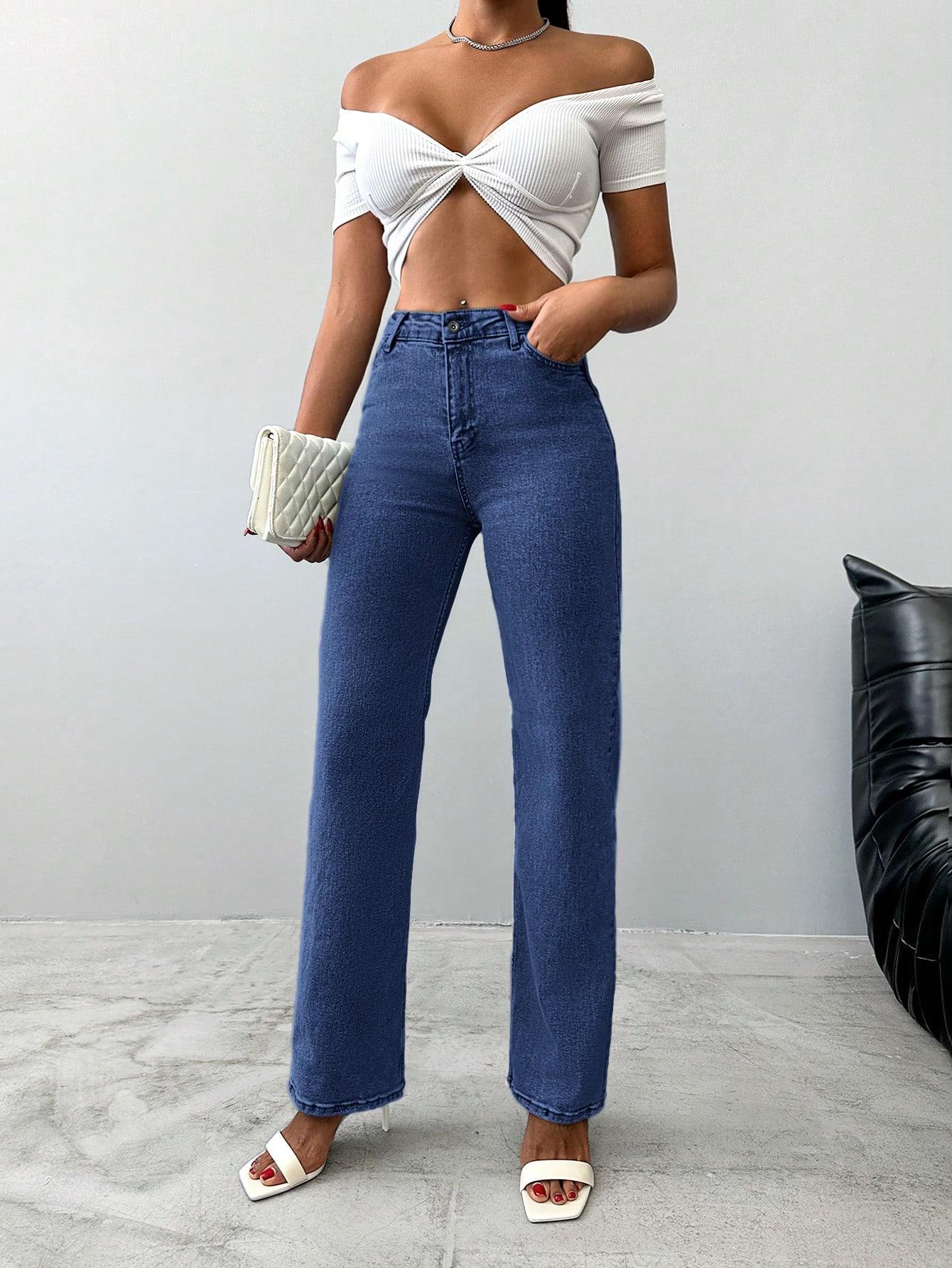 granatowe proste spodnie jeans high waist kieszenie