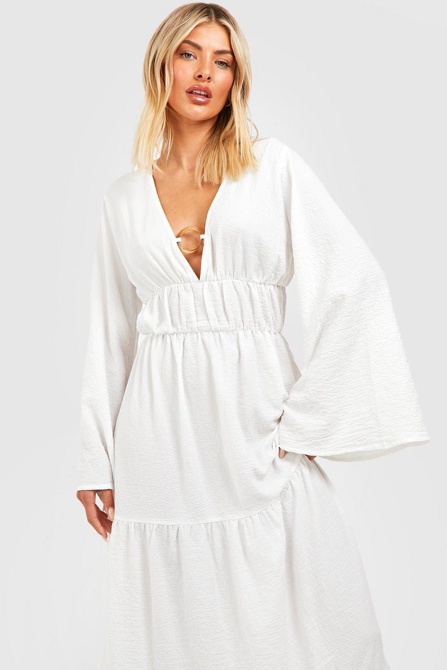 TEKSTUROWANa biała sukienka maxi dekolt styl boho 