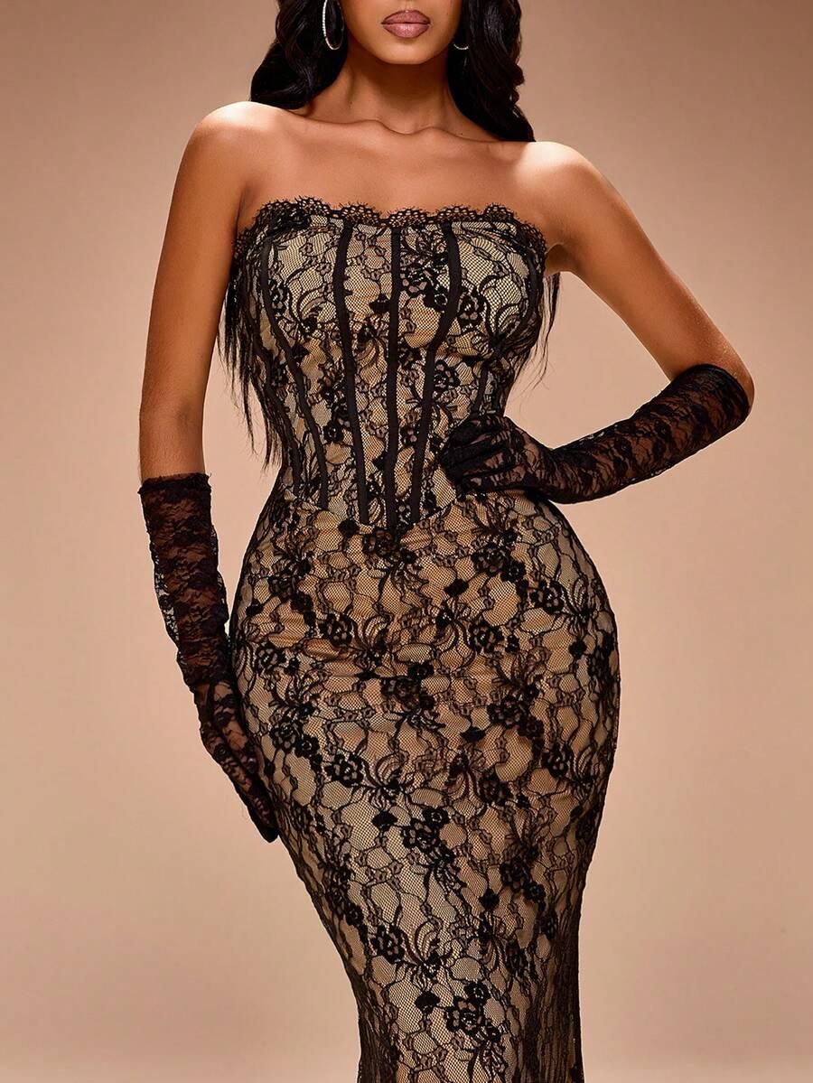 czarna maxi sukienka koronka
