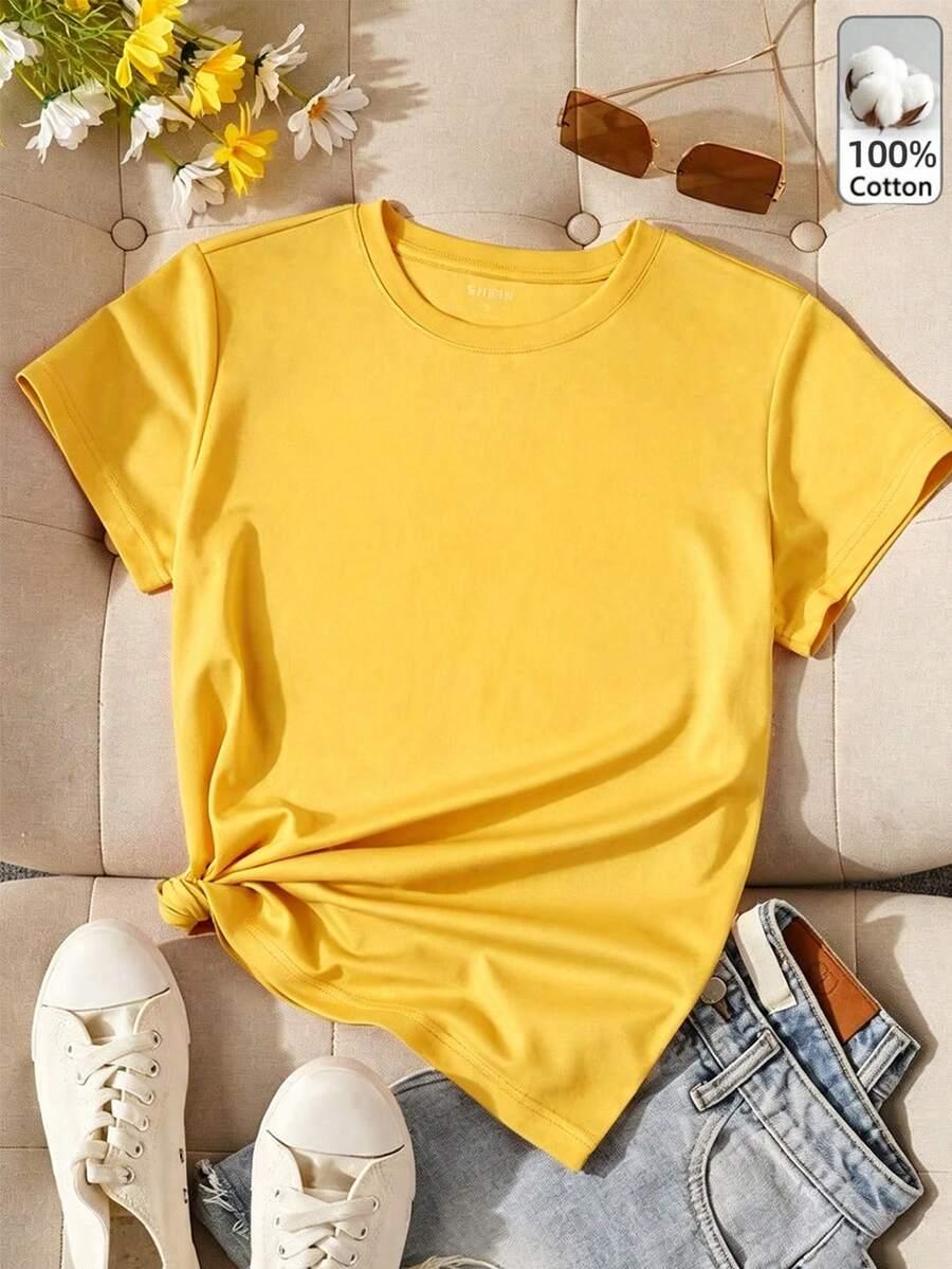 ŻÓŁTY T-SHIRT OKRĄGŁY DEKOLT 