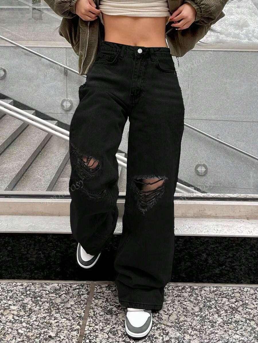 czarne spodnie jeans przetarcia