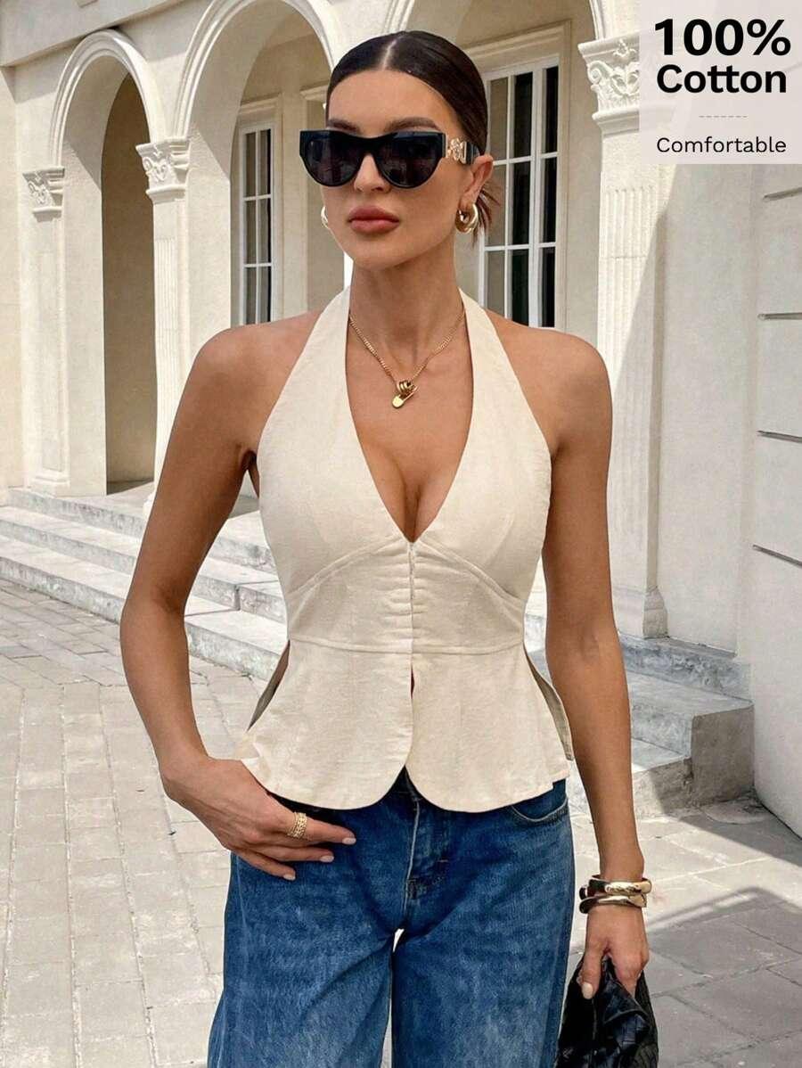 BEŻOWY TOP ODKRYTE PLECY