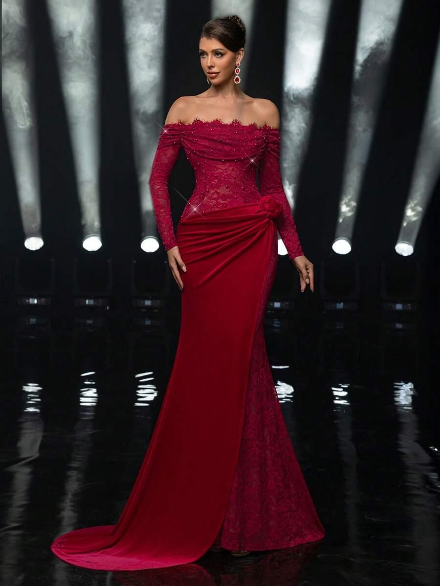 czerwona maxi sukienka koronka