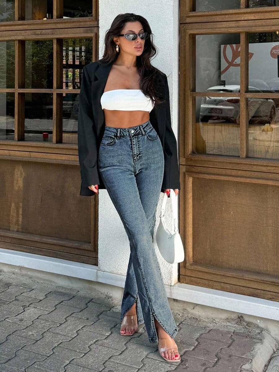 niebieskie spodnie jeans wysoki stan 