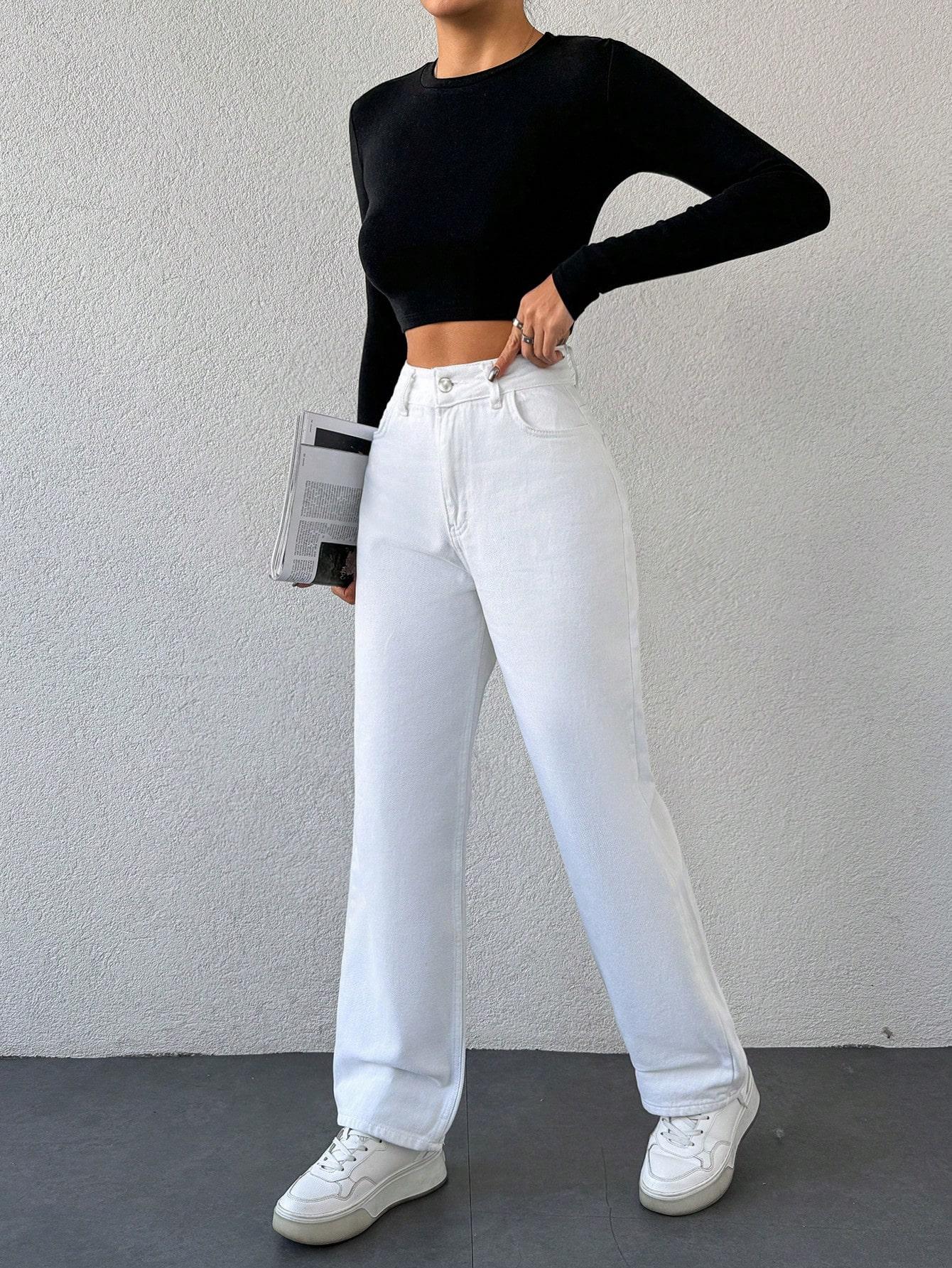  białe spodnie jeans wysoki stan 