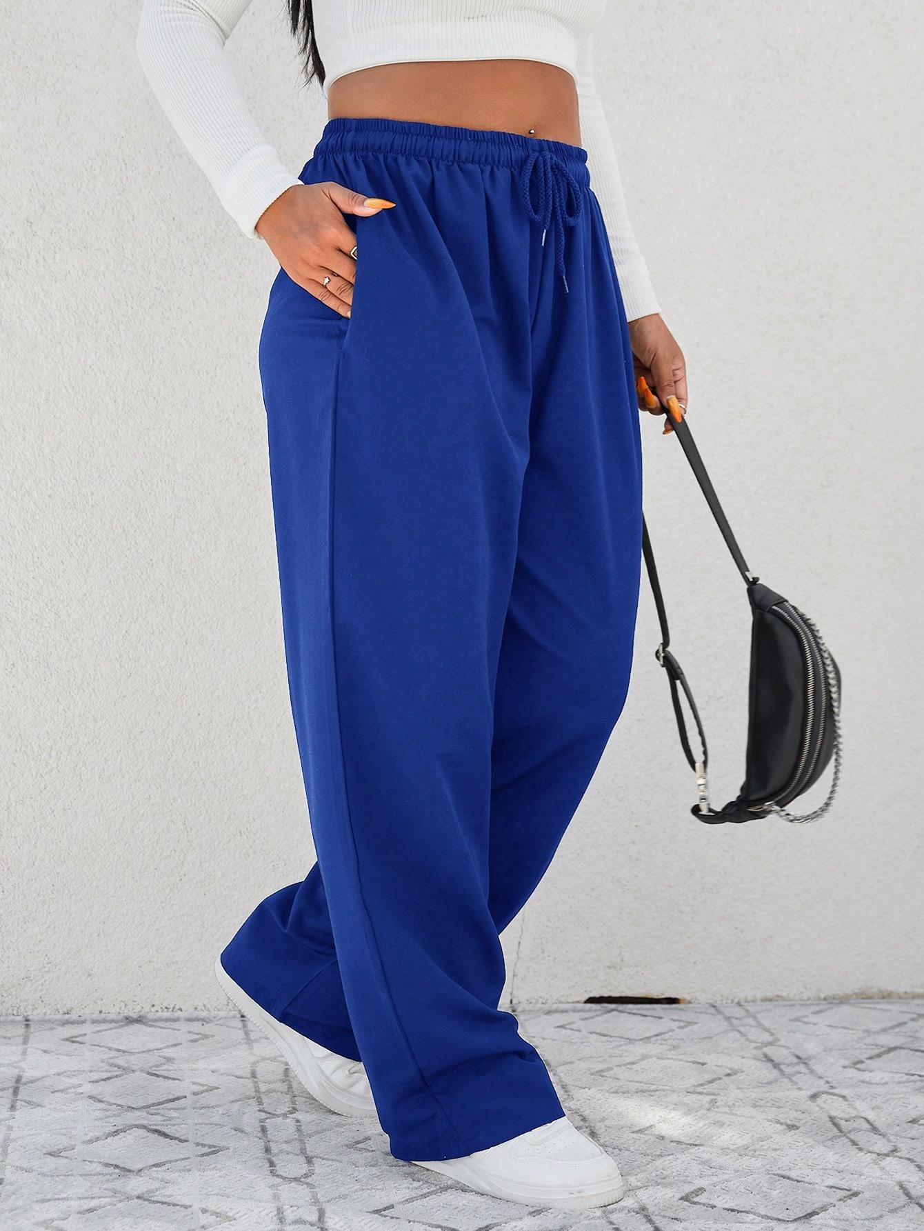 niebieskie spodnie z gumką w pasie wiązanie casual