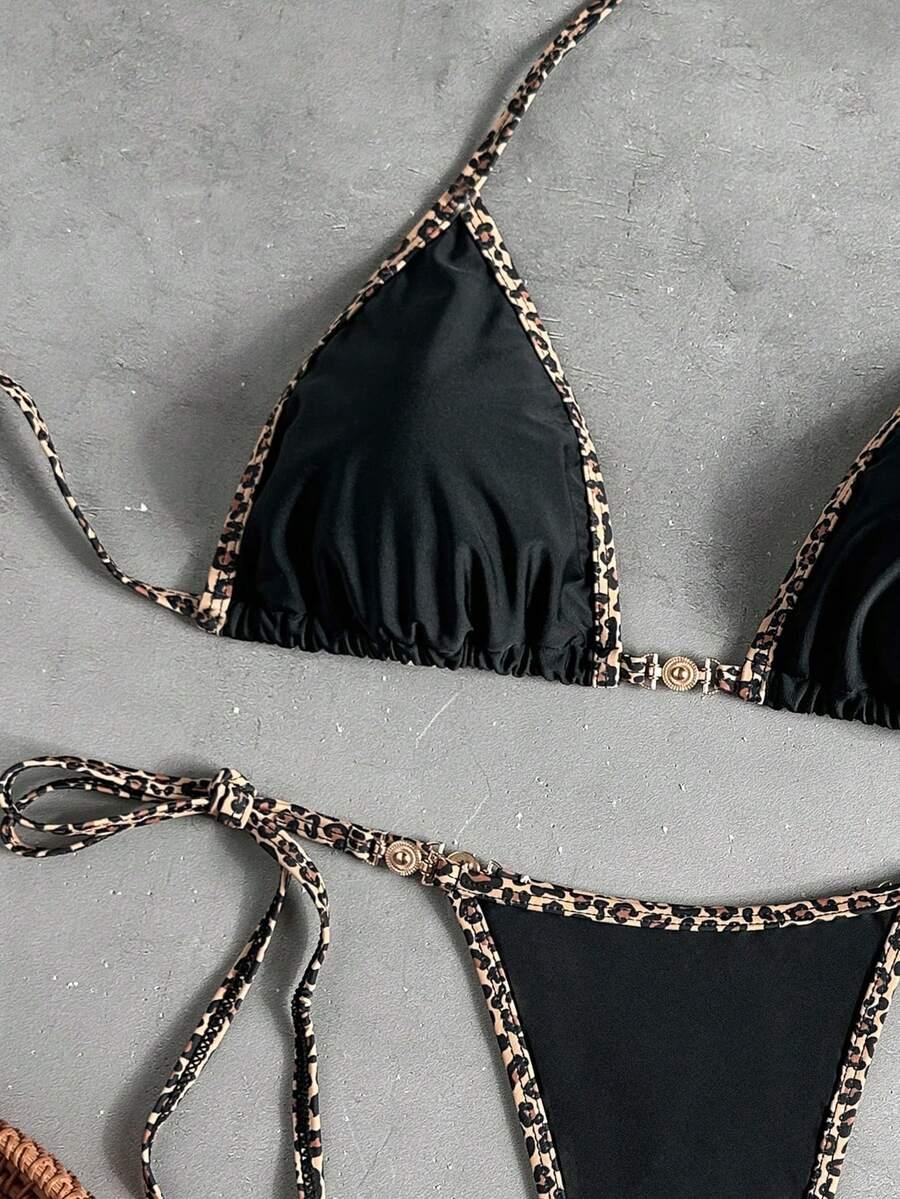 KOMPLET BIKINI WIĄZANY Z LAPASEM W PANTERKĘ