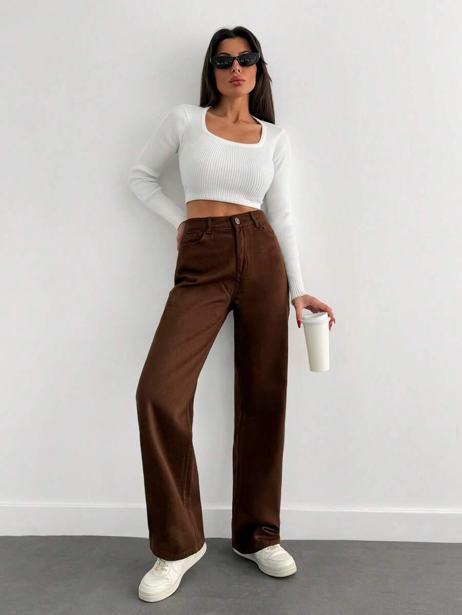 BRĄZOWE SPODNIE JEANS