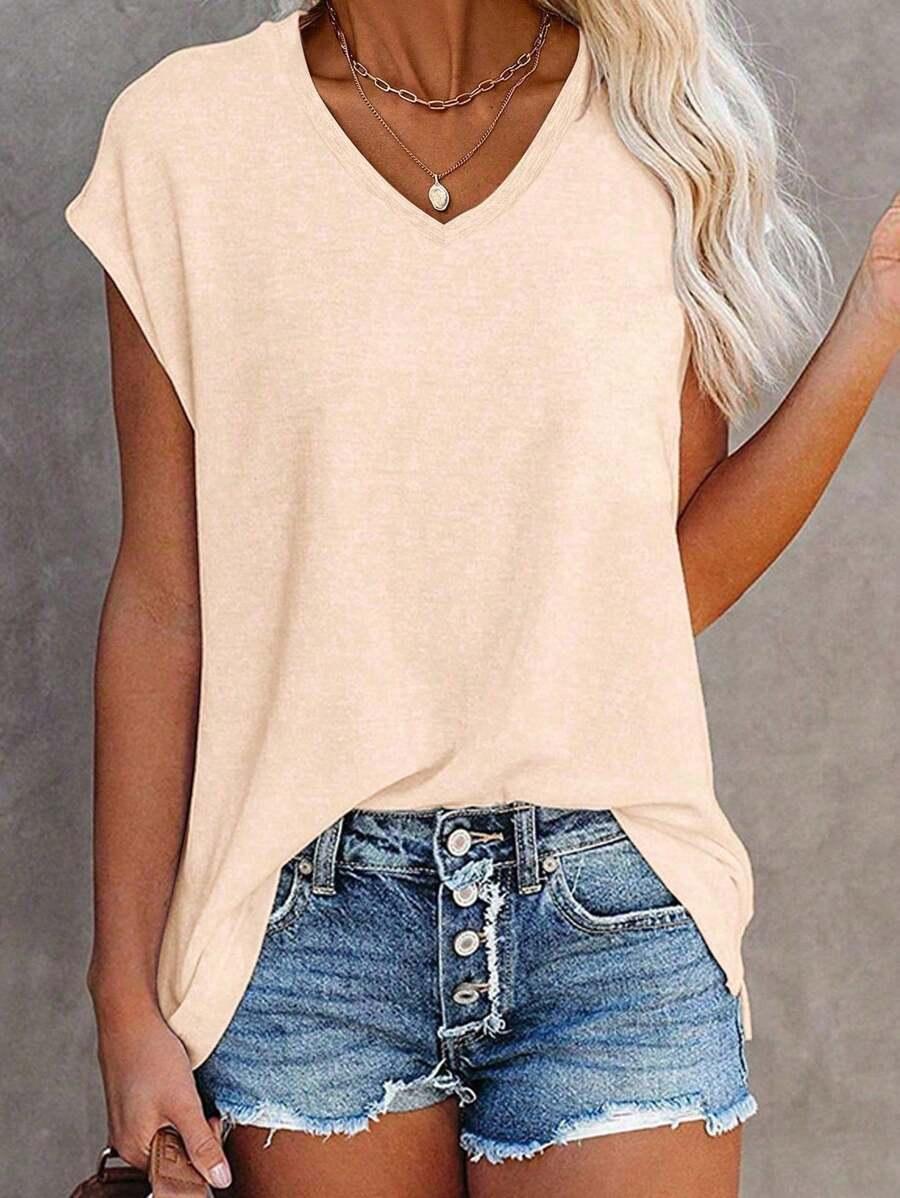 KREMOWY T-SHIRT V-NECK