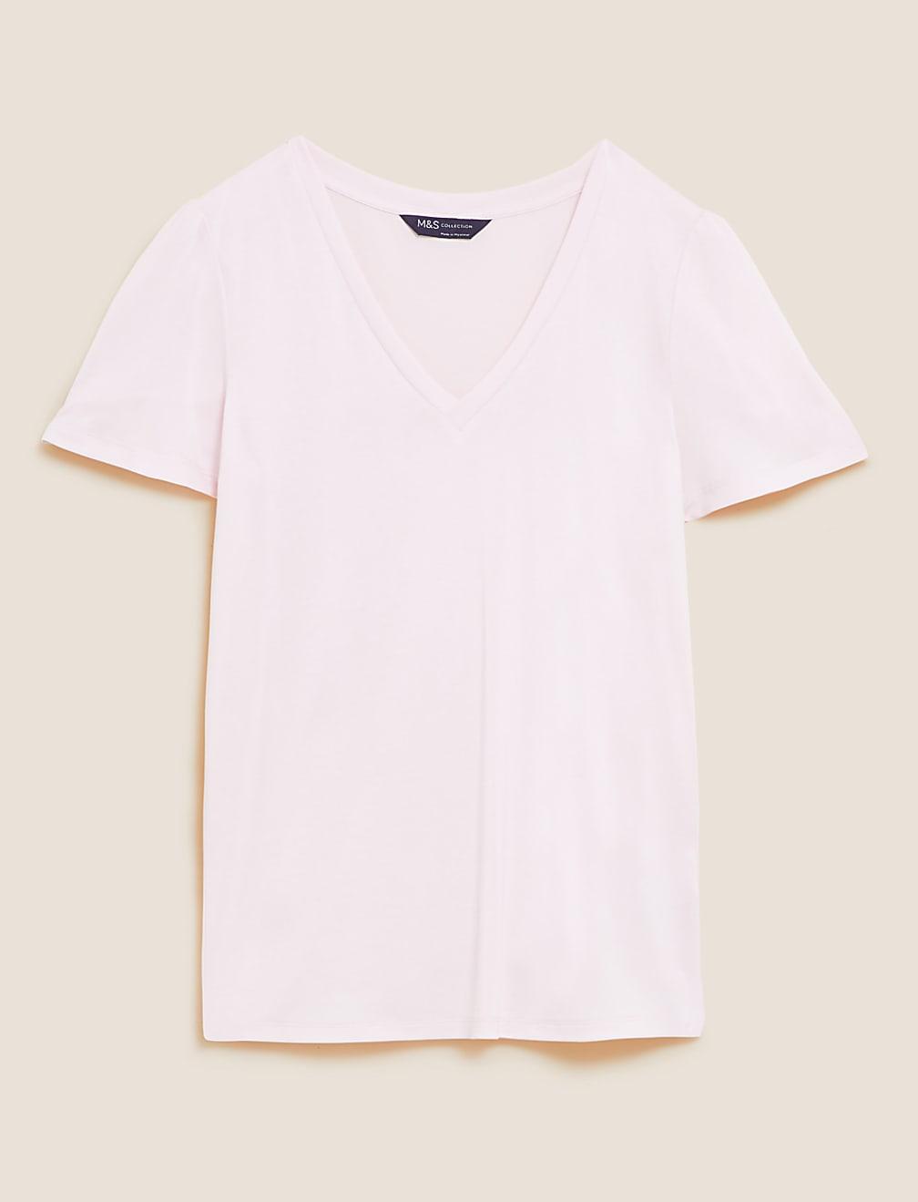 różowy t-shirt v-neck T43-7982-A1