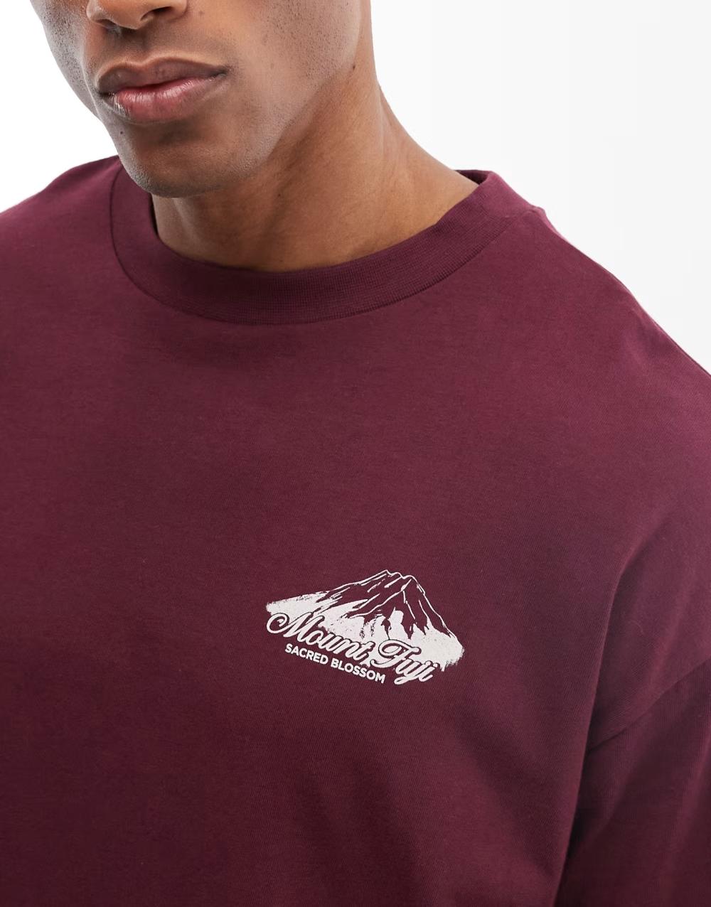 BORDOWY T-SHIRT NADRUK OKRĄGŁY DEKOLT