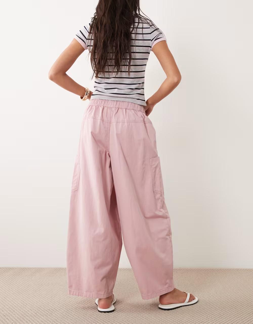 różowe spodnie barrel leg casual kieszenie wiązanie