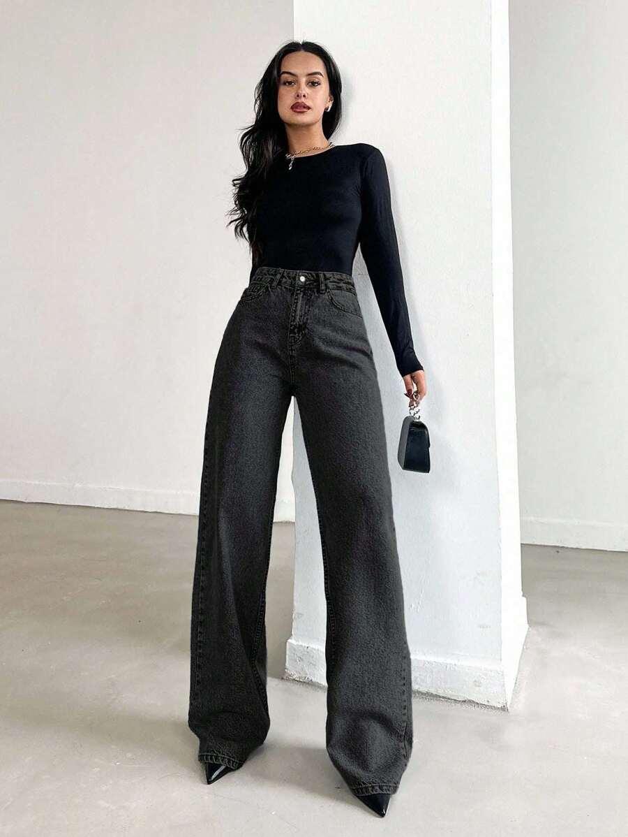 SZARE SPODNIE JEANS WYSOKI SATN