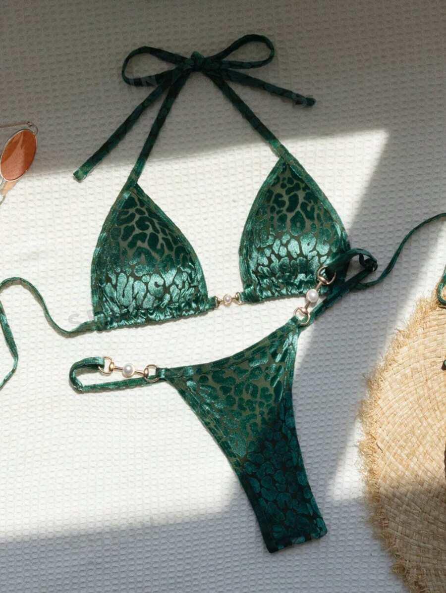 zielony strój kąpielowy bikini komplet animal print