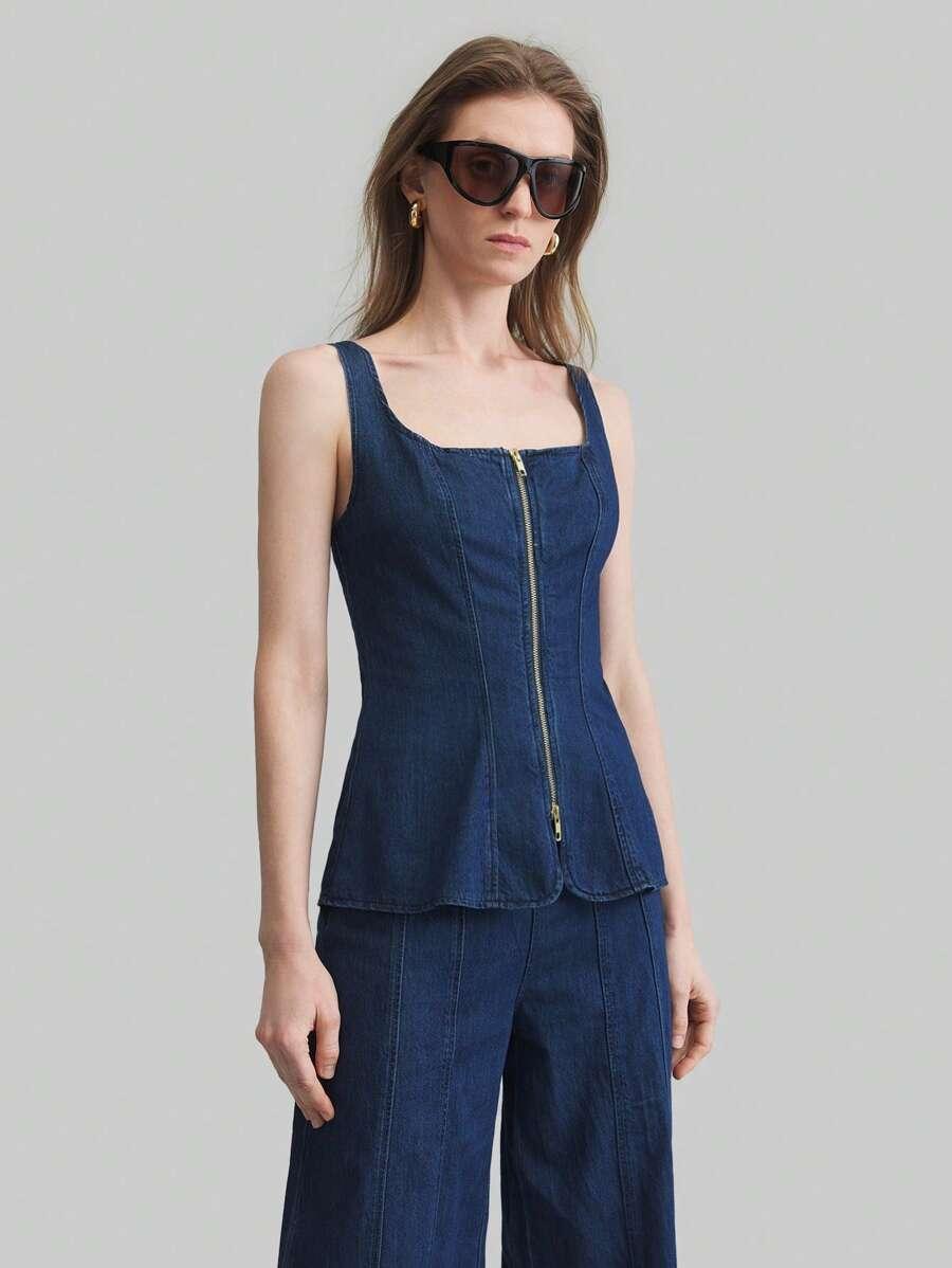 TOP DAMSKI JEANSOWY BEZ RĘKAWÓW MINIMALISTYCZNY 