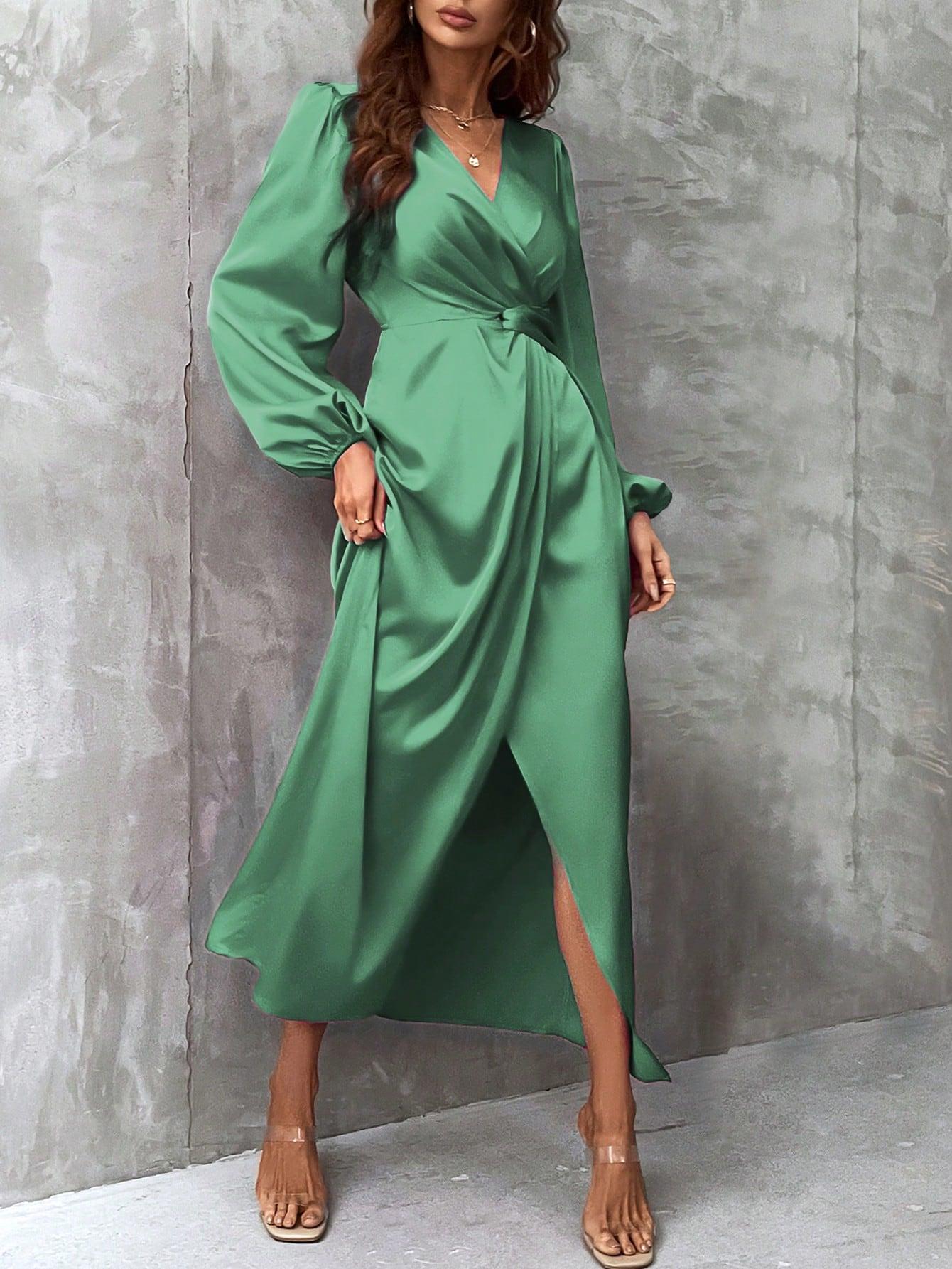 zielona maxi sukienka satyna długi rękaw