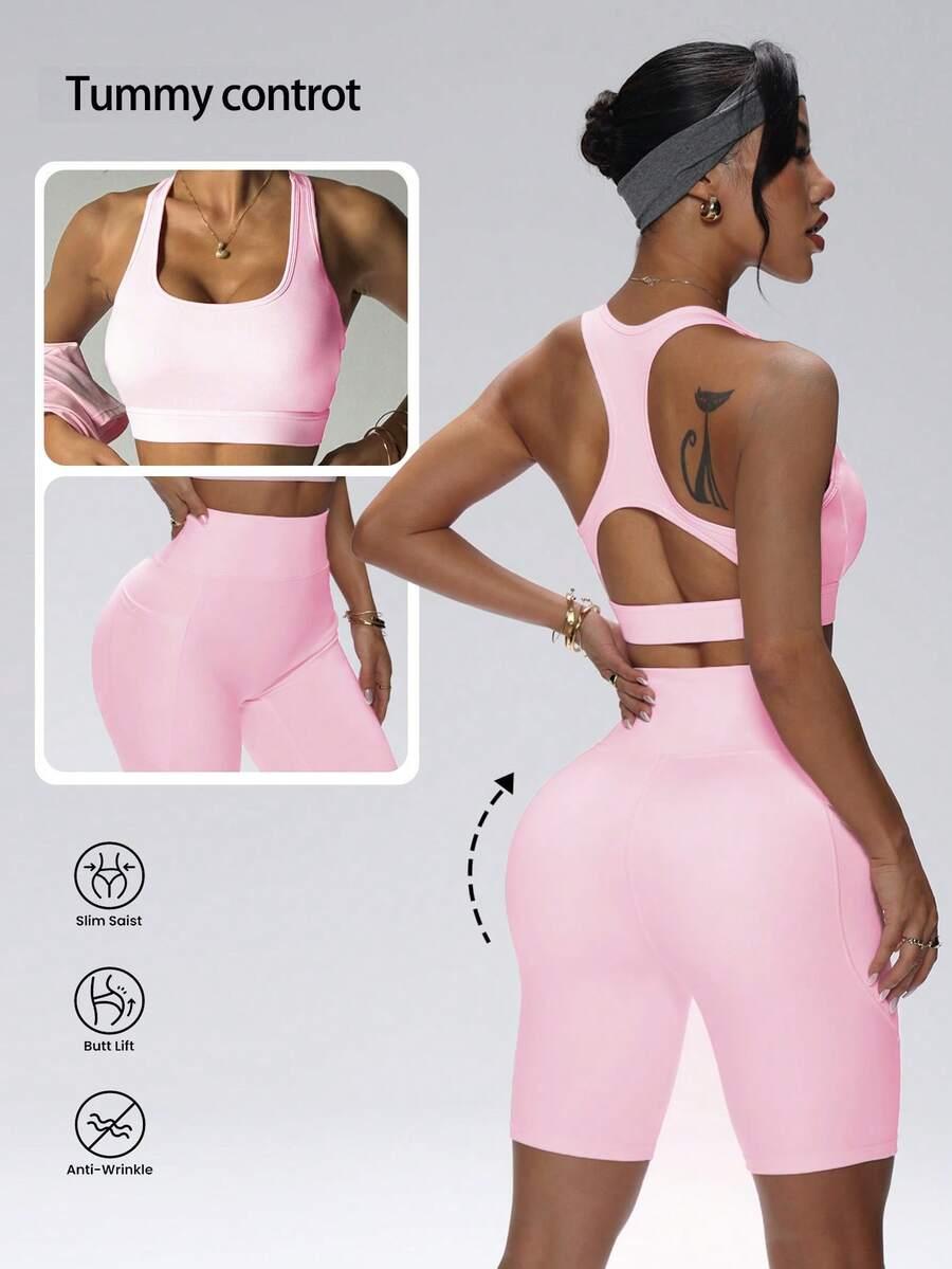 różowy komplet top legginsy