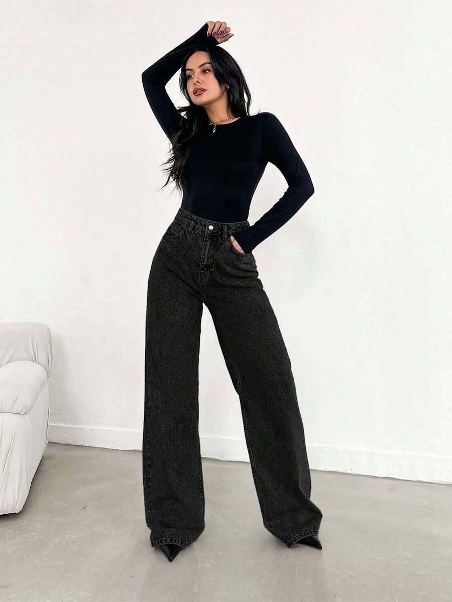 CZARNE PROSTE SPODNIE JEANS WYSOKI STAN